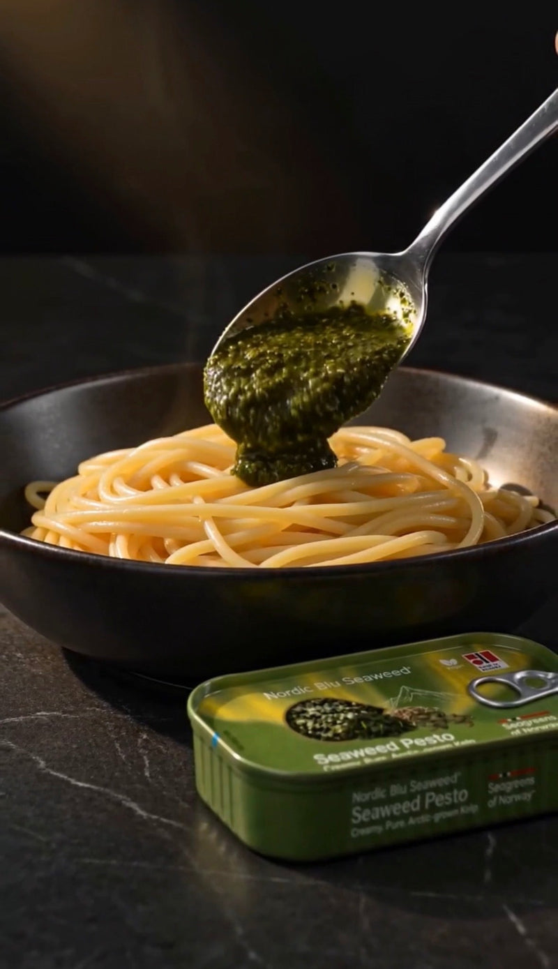 Seaweed pesto stirred through pasta, the umami of Arctic kelp